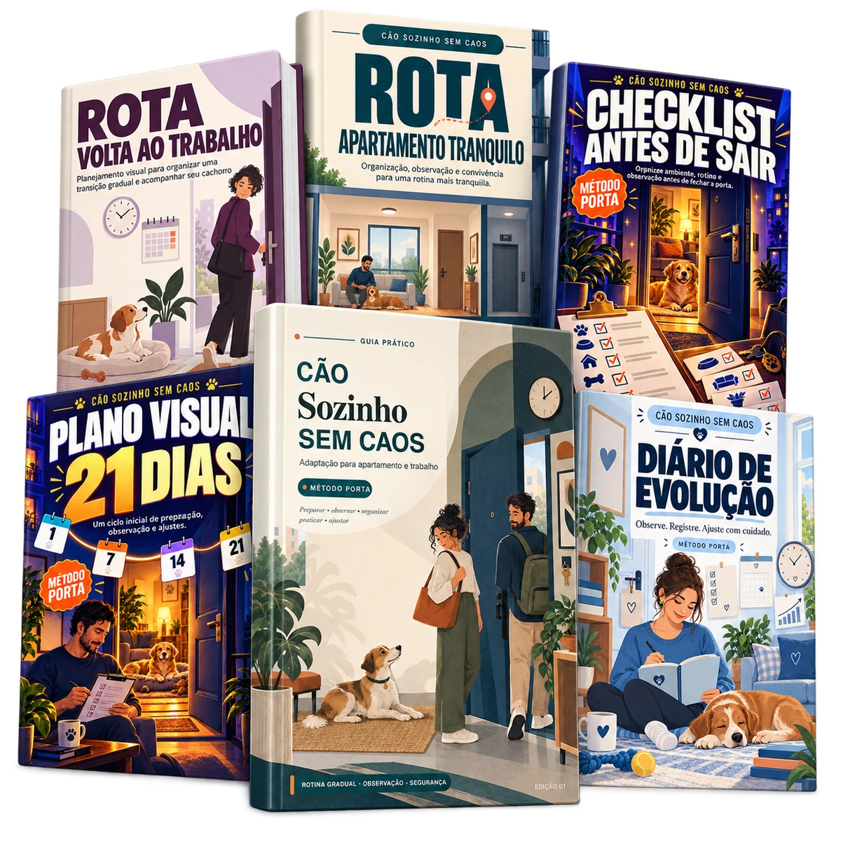Mockup com o Guia Cão Sozinho Sem Caos, Checklist Antes de Sair, Plano Visual de 21 Dias, Diário de Evolução, Rota Apartamento Tranquilo e Rota Volta ao Trabalho