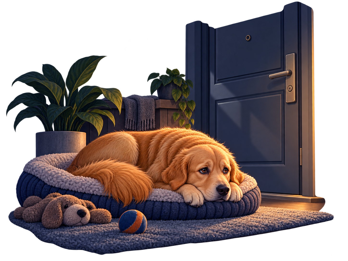 Ilustração de um cão triste e solitário deitado perto da porta, esperando o tutor voltar
